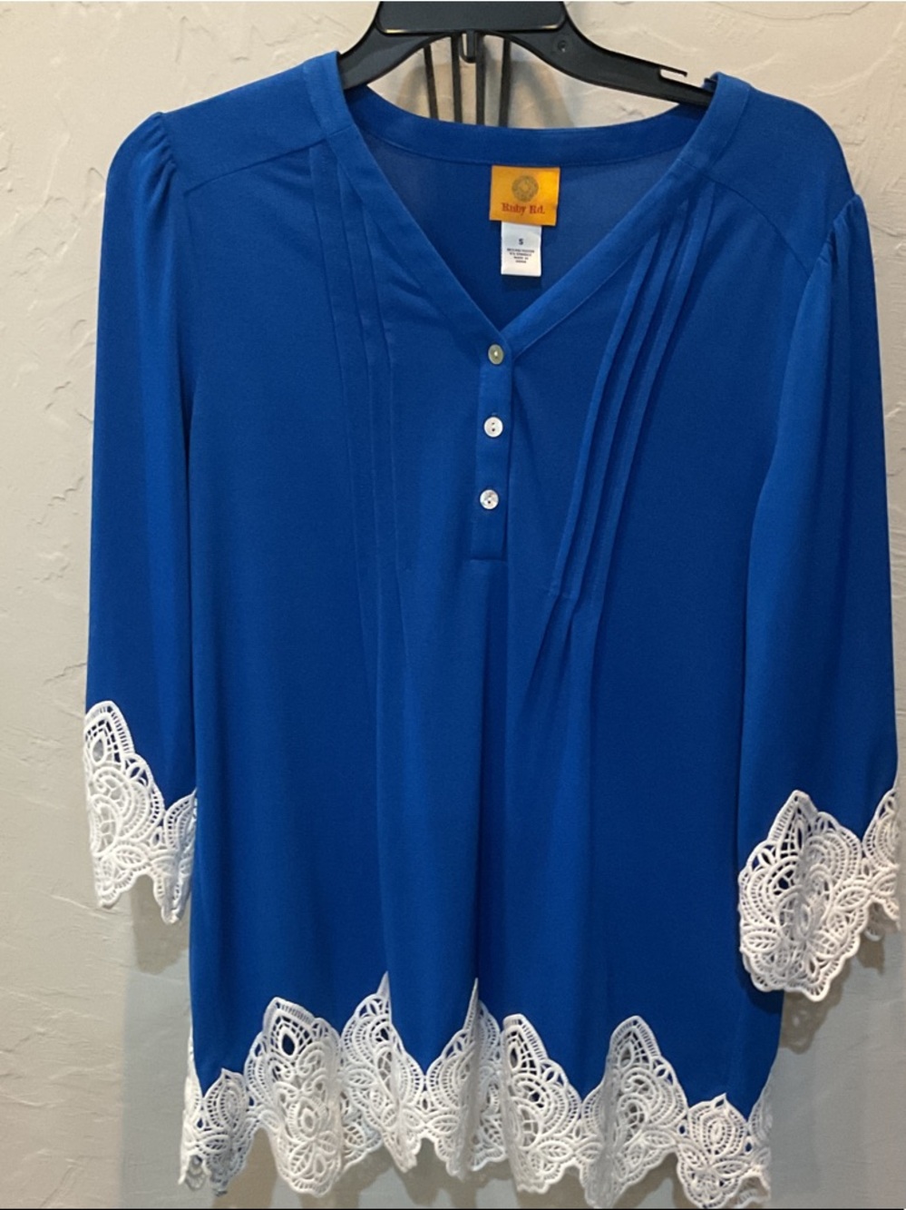 Ruby Rd. Royal Blue V-Neck Tunic with White Crochet Hem